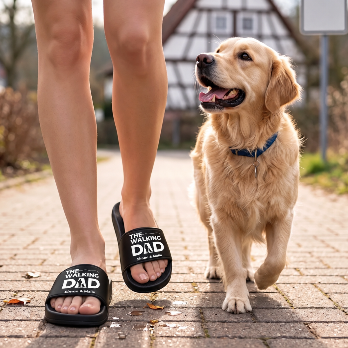 Chanclas negras con estampado "THE WALKING DAD", usadas durante un paseo con un golden retriever.