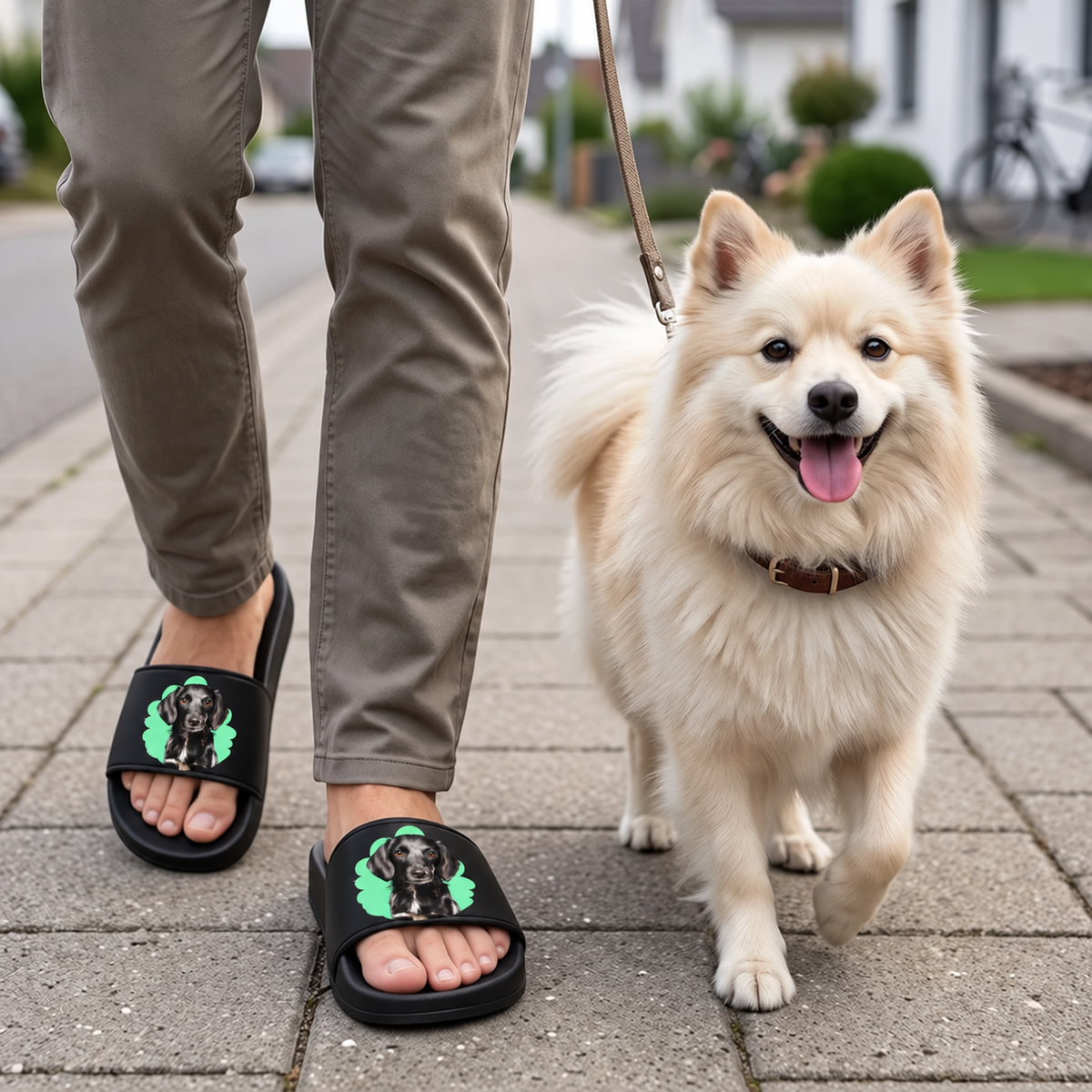 Chanclas negras con retrato de mascota y borde verde, llevadas por una persona que pasea a un perro.