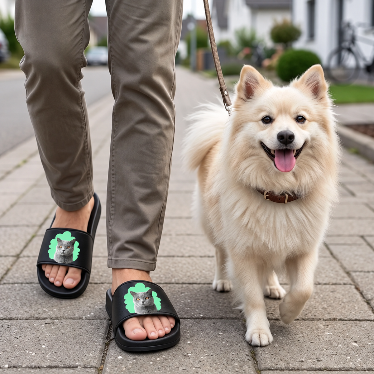 Chanclas negras personalizadas con retrato de gato, llevadas por una persona que pasea con un perro.