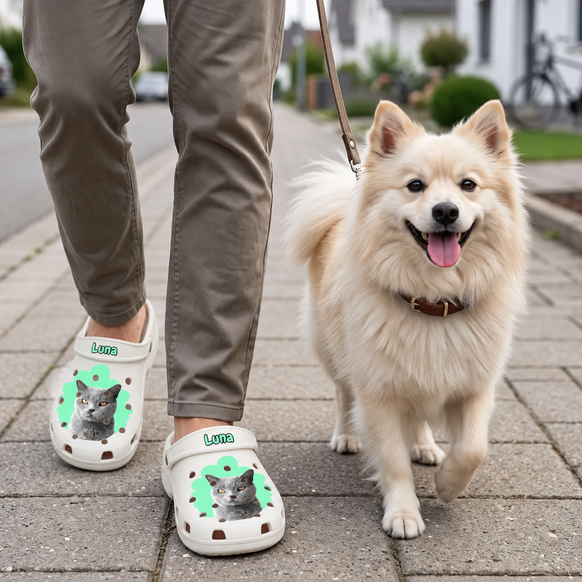 Zuecos beige claro personalizados con retrato de gato, llevados por una persona con un perro en la calle.