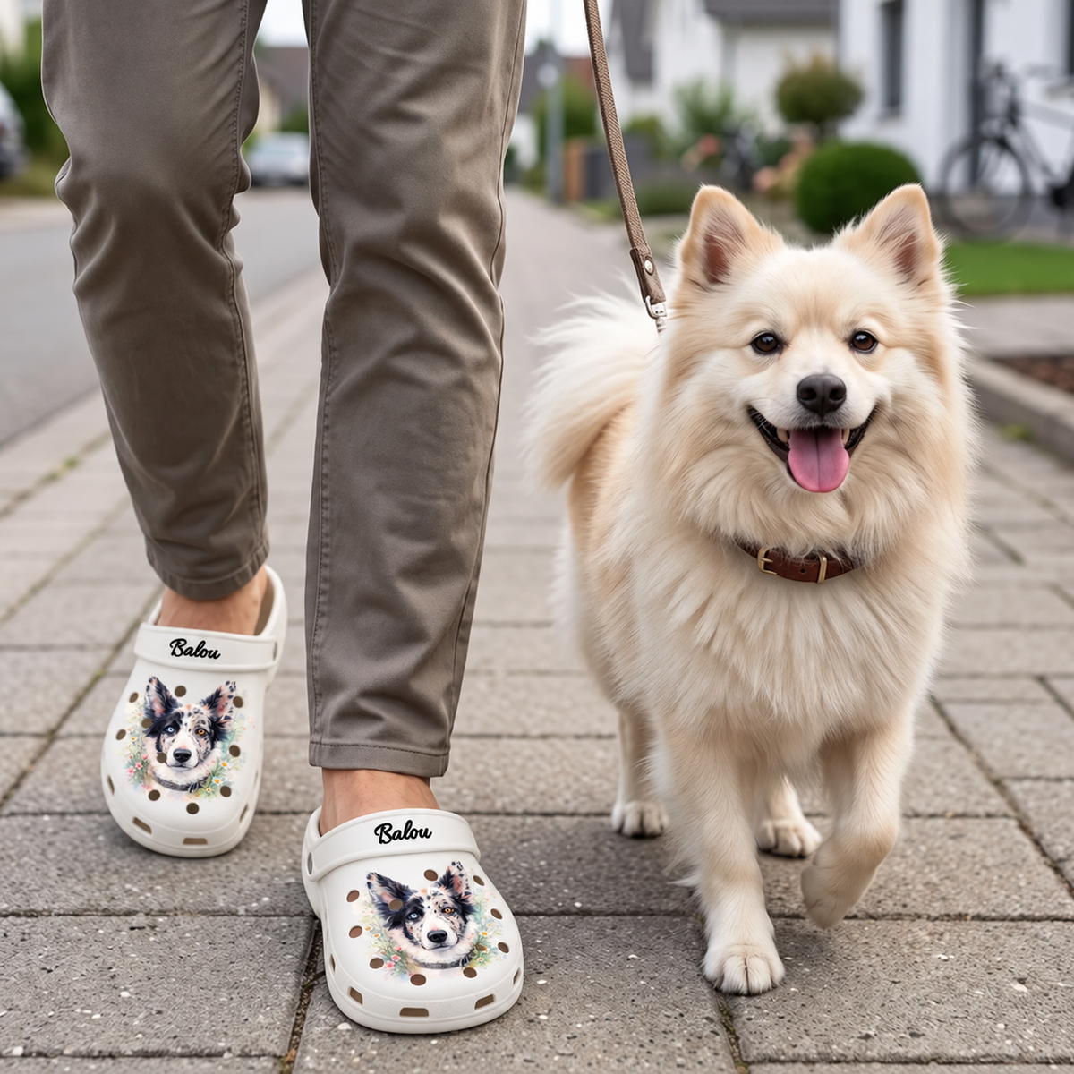 Zuecos blancos personalizados con estampado en acuarela de un perro, llevados por una persona con un perro en la calle.