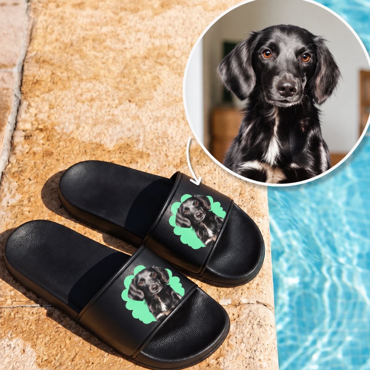 Chanclas negras con retrato de mascota verde en la tira. Ideales para los amantes de los animales.