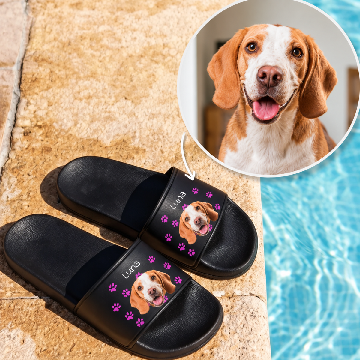 Chanclas negras con ilustración fotográfica personalizada de un perro y nombre.