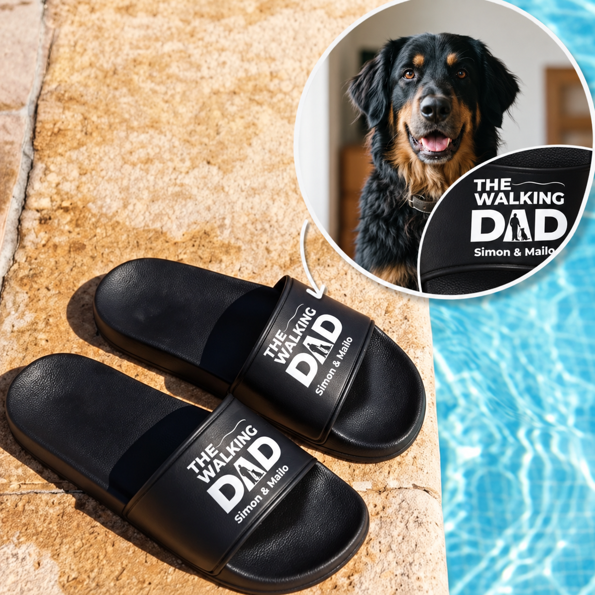 Chanclas negras con estampado "THE WALKING DAD" y nombres personalizados.