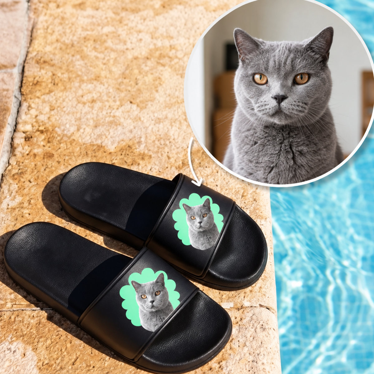 Chanclas negras con retrato de gato personalizado en la tira.
