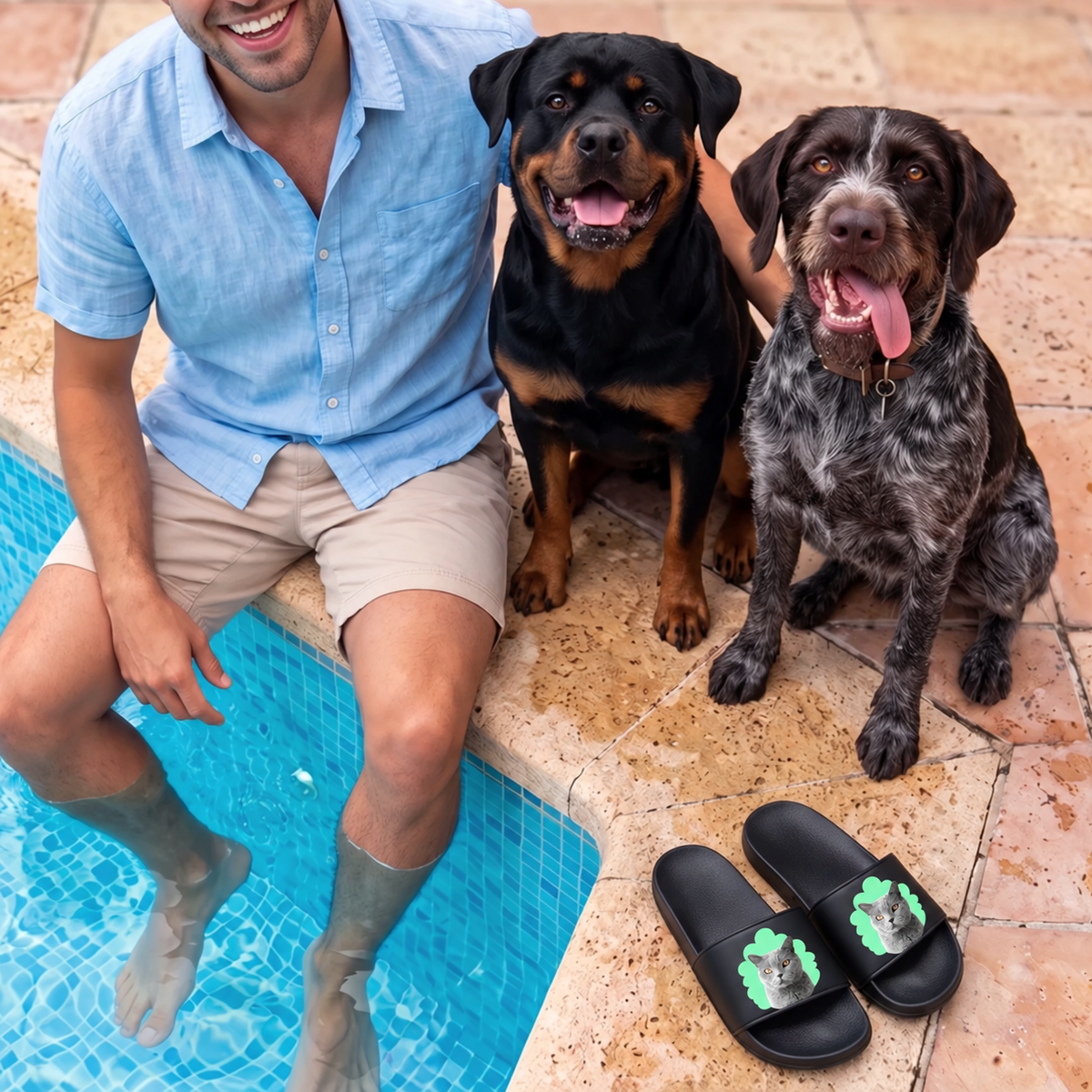Chanclas negras personalizadas con retrato de un gato, al lado un hombre sentado con dos perros.