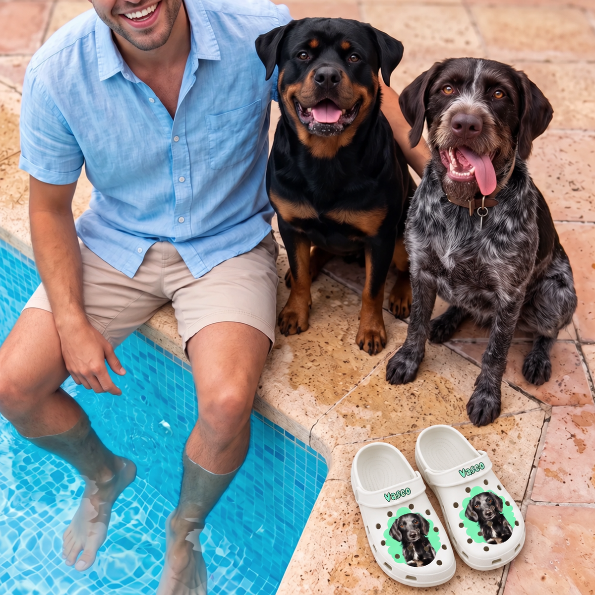 Persona sentada junto a dos perros en la piscina, con zuecos blancos personalizados con retrato de mascota al lado.