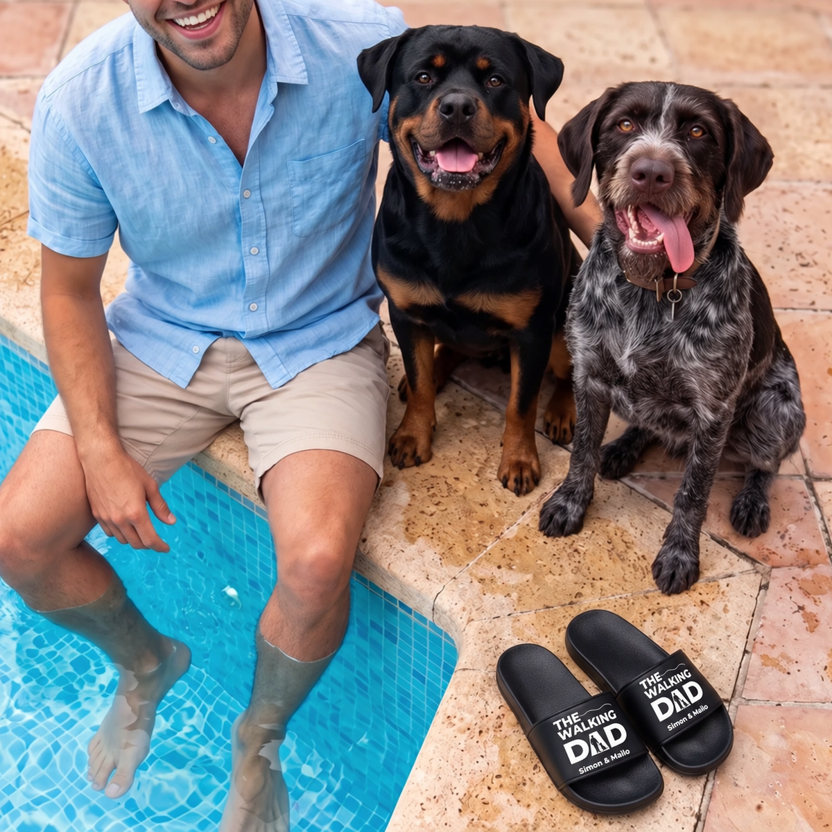 Chanclas negras personalizadas con estampado "THE WALKING DAD", junto a un hombre y dos perros en la piscina.