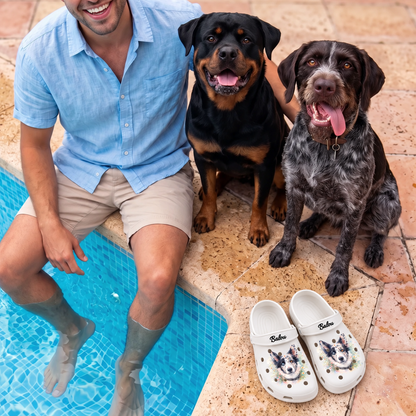 Zuecos blancos personalizados con diseño en acuarela, junto a un hombre y dos perros en la piscina.