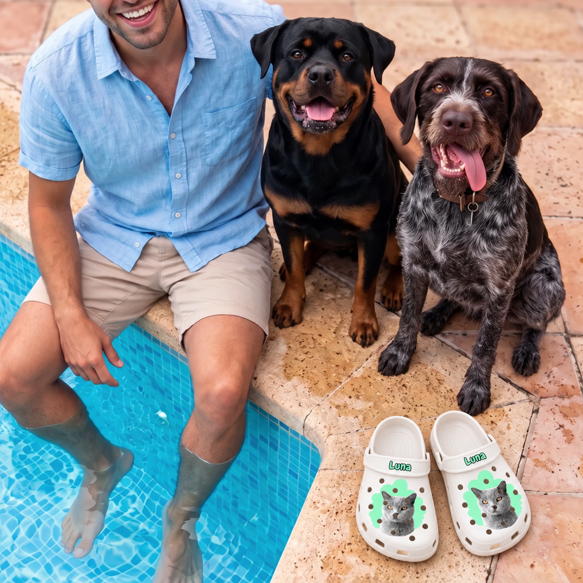 Zuecos blancos personalizados con retrato de gato, junto a un hombre y dos perros en la piscina.