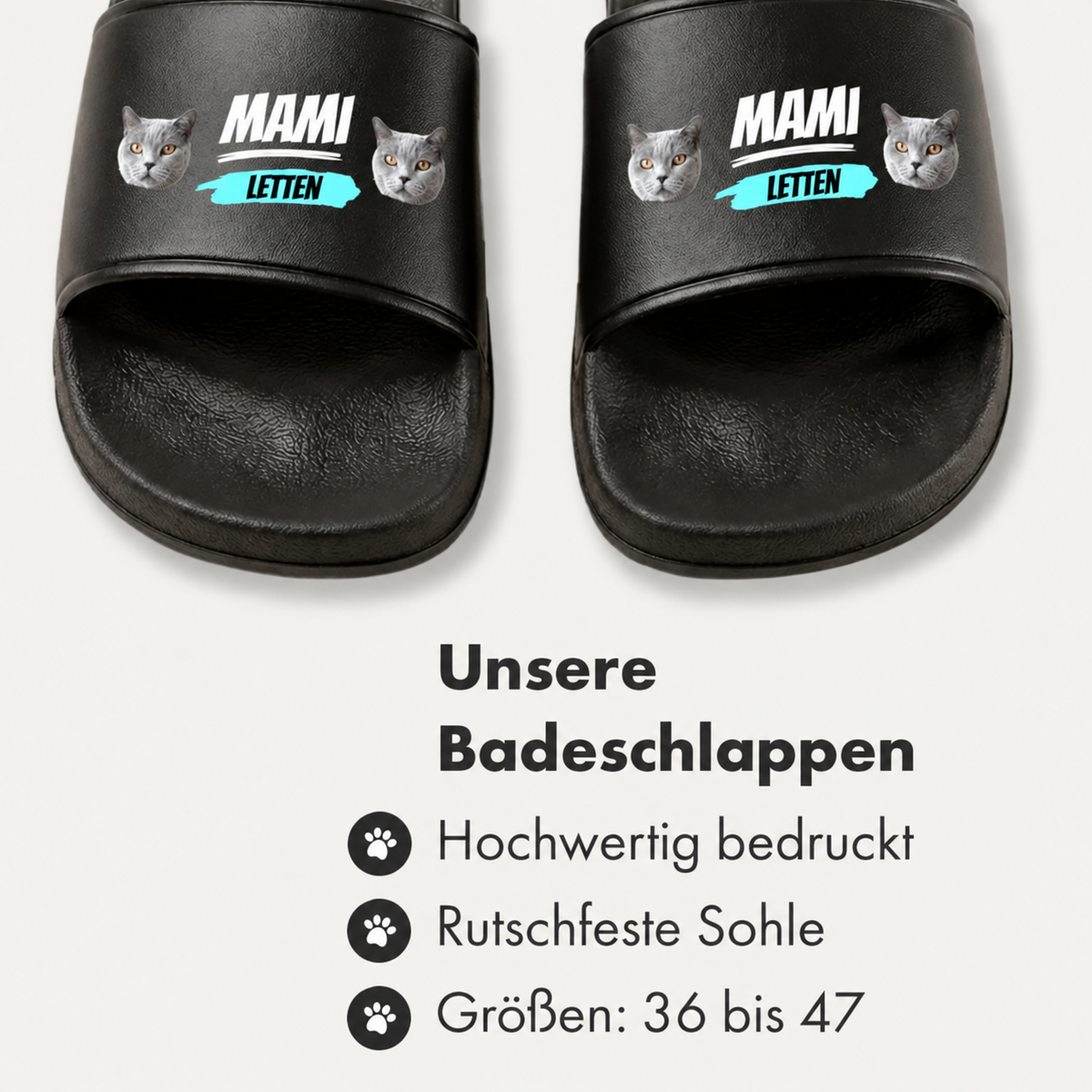 Chanclas negras personalizadas con estampado "MAMI LETTEN" y motivos de gatos. Suela antideslizante, tallas 36 a 47.