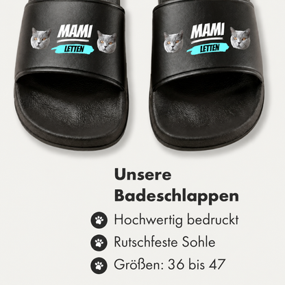 Chanclas negras personalizadas con estampado "MAMI LETTEN" y motivos de gatos. Suela antideslizante, tallas 36 a 47.