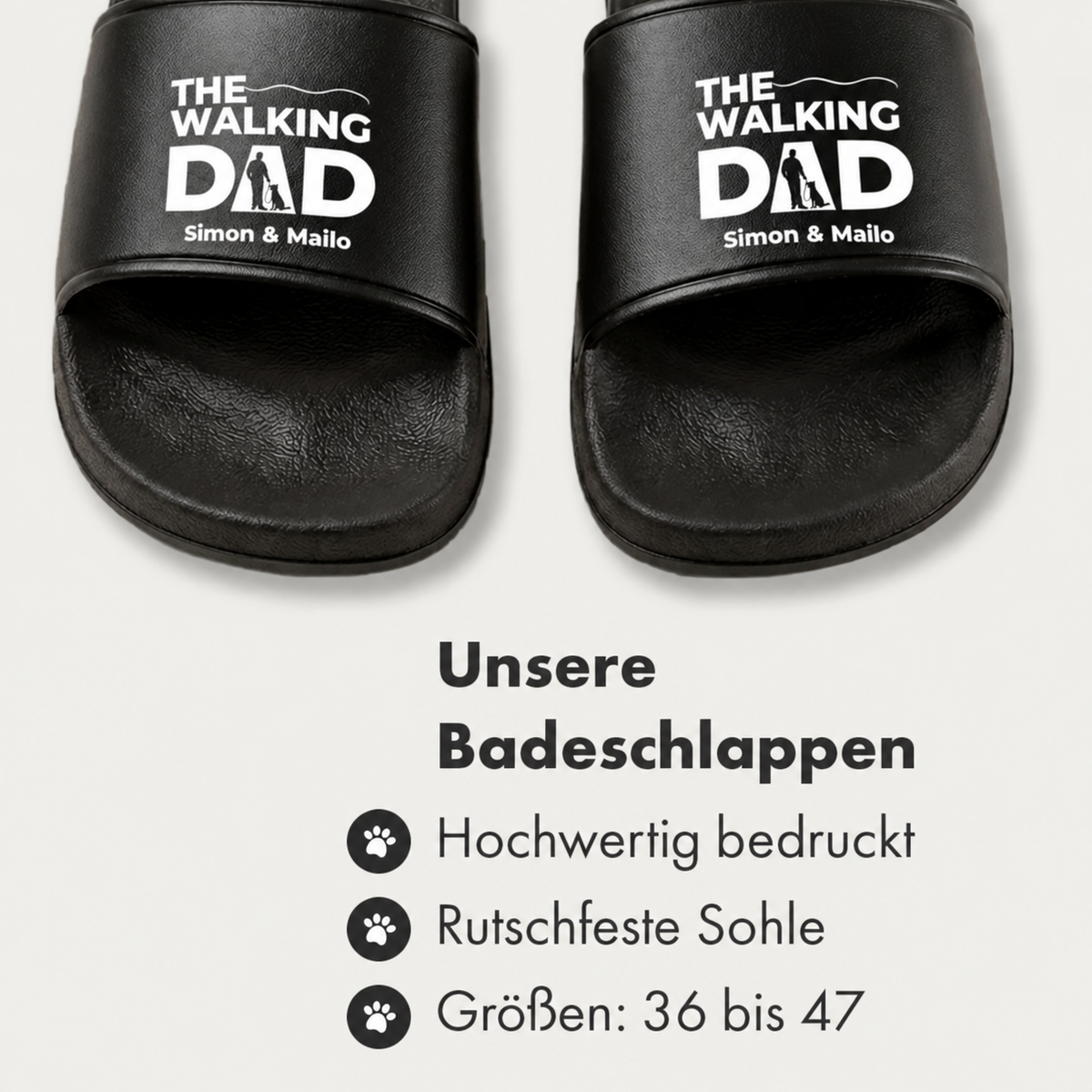 Chanclas negras con estampado "The Walking Dad" y nombres personalizados. Suela antideslizante.