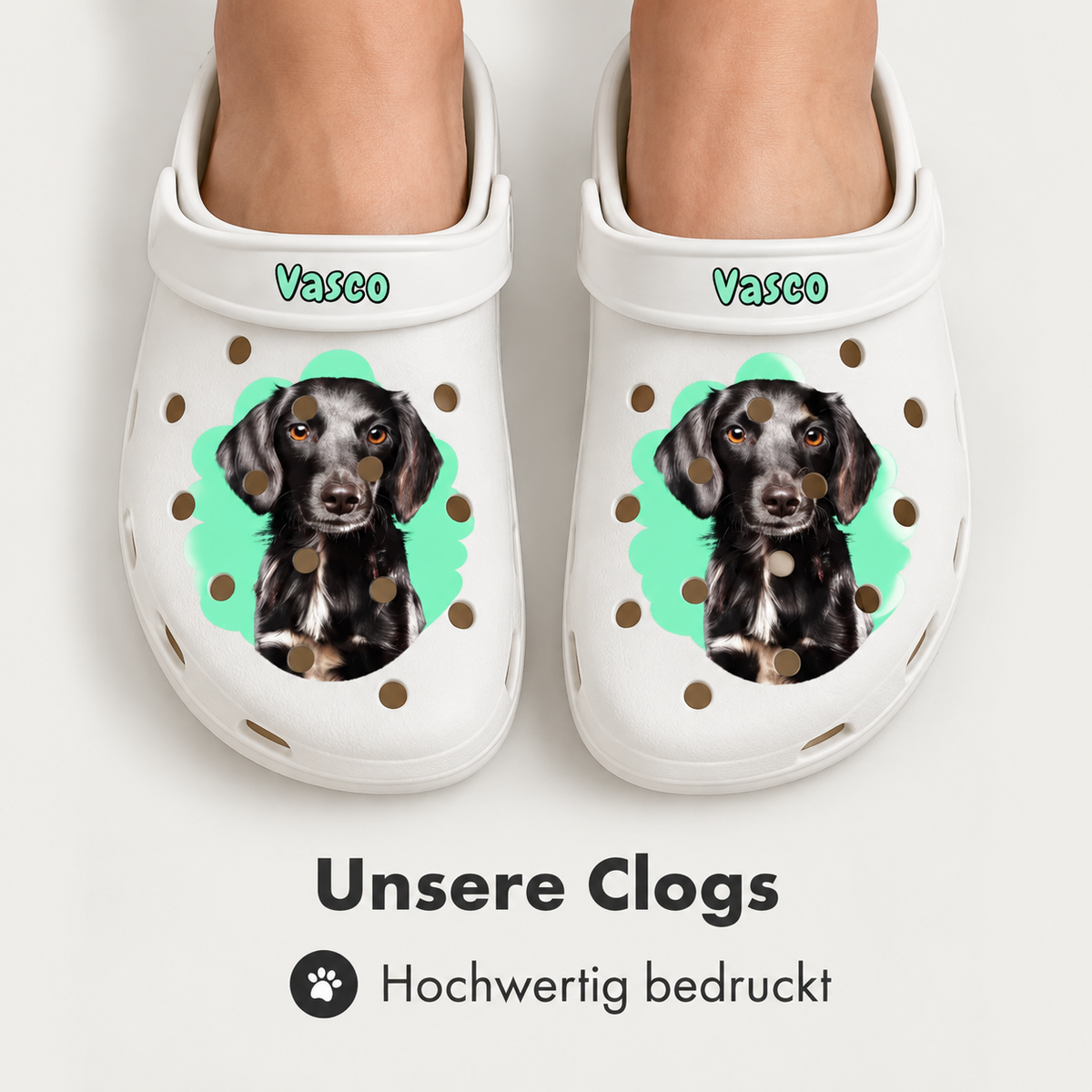 Zuecos blancos personalizados con retrato de perro y el nombre "Vasco" arriba.