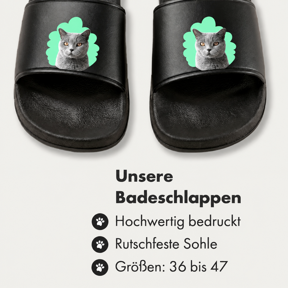 Chanclas negras con retrato de gato sobre fondo verde, suela antideslizante, tallas 36 a 47.