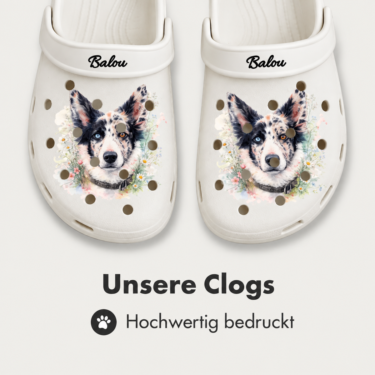 Zuecos blancos personalizados con estampado en acuarela de un perro y el nombre Balou. Acabado de calidad.