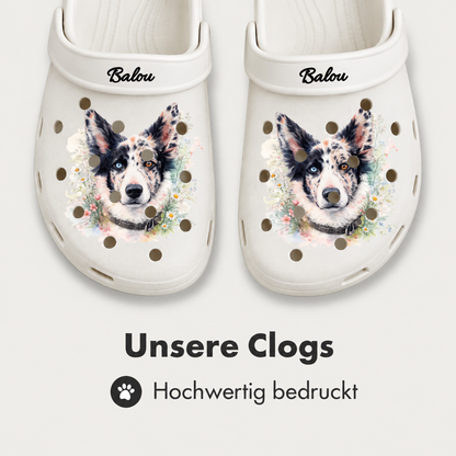 Zuecos blancos personalizados con estampado en acuarela de un perro y el nombre Balou. Acabado de calidad.