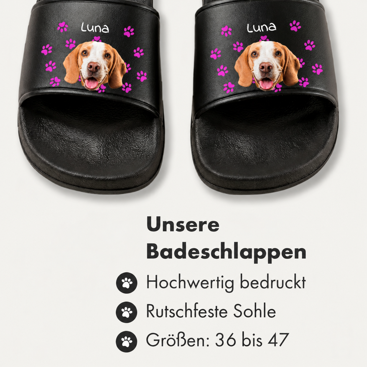 Chanclas negras con impresión personalizada de la cara de un perro y huellas.