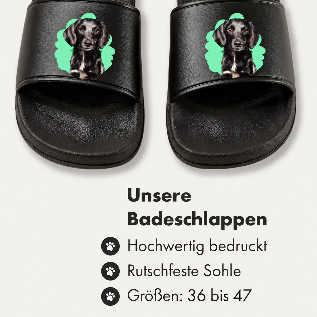 Chanclas personalizadas con plantilla negra y retrato de mascota en la parte superior. Tallas 36 a 47.