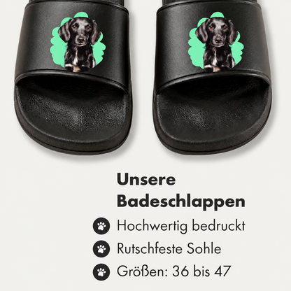Chanclas personalizadas con plantilla negra y retrato de mascota en la parte superior. Tallas 36 a 47.