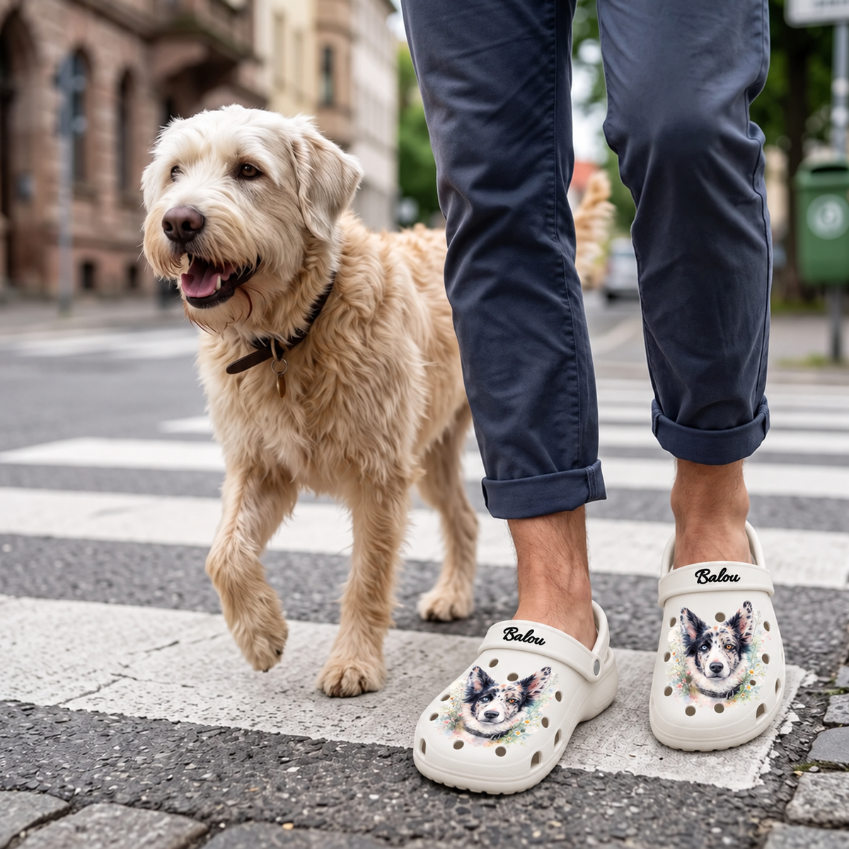 Persona con zuecos personalizados con motivo de perro en acuarela paseando con un perro.