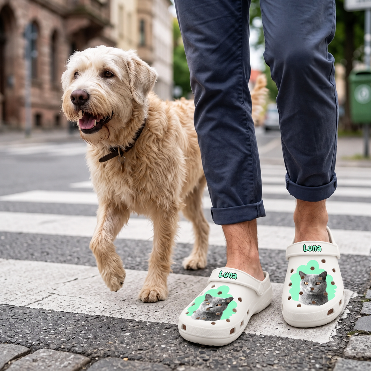 Zuecos blancos personalizados con retrato de gato y el nombre "Luna", llevados por una persona con un perro en la calle.
