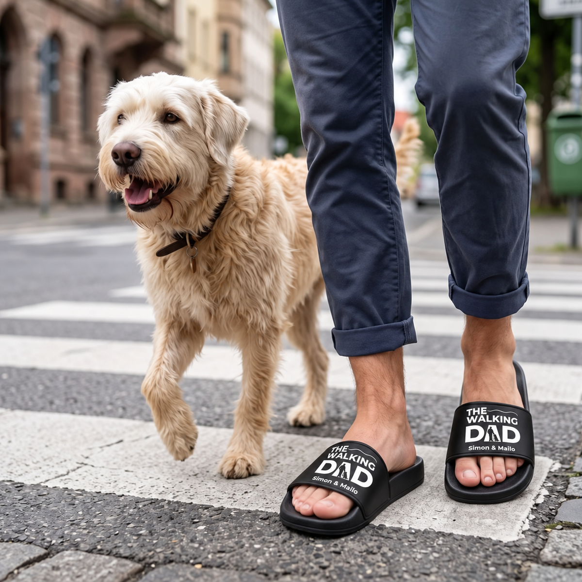 Chanclas negras con estampado "The Walking Dad" y nombres personalizados, llevadas por una persona en la calle.