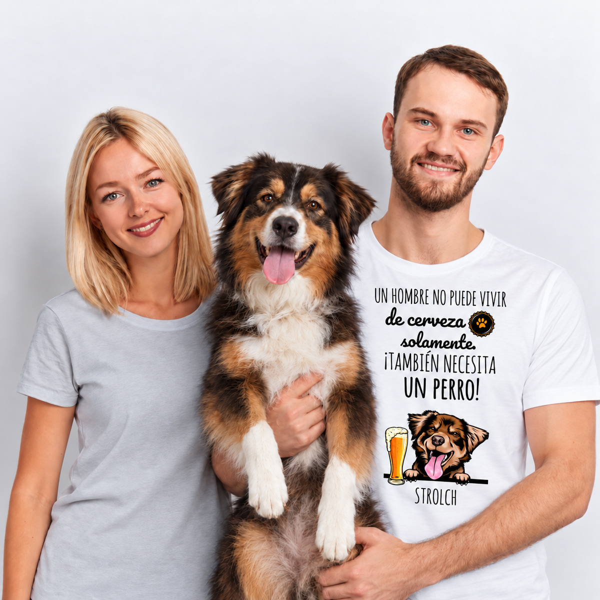Camiseta Cerveza & Guau – pareja con perro