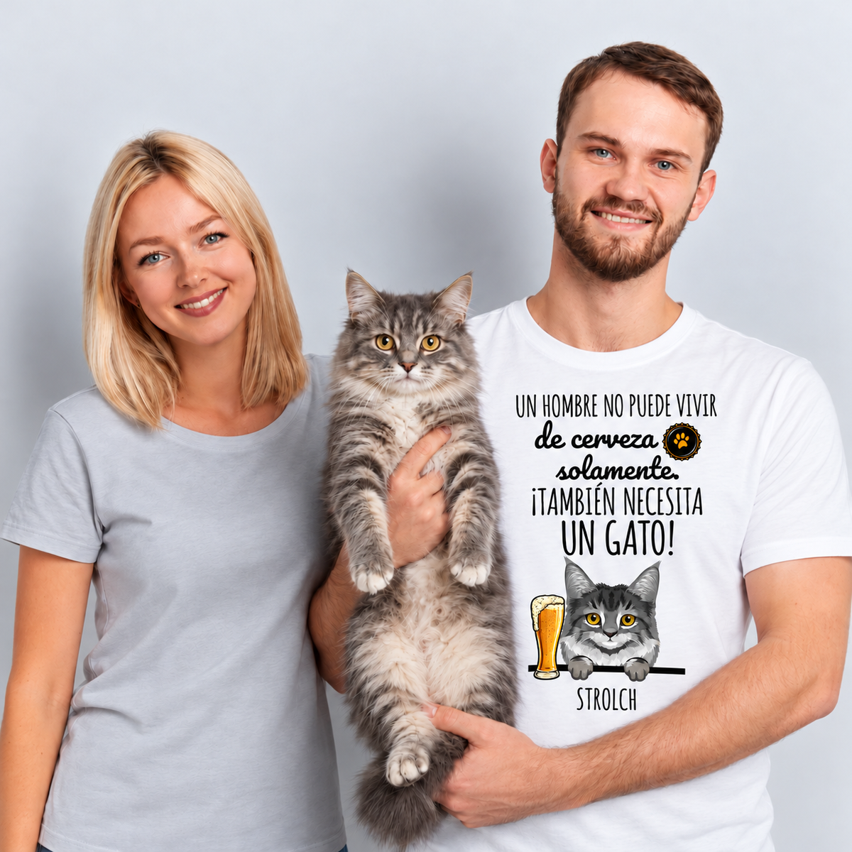 Camiseta Cerveza & Miau – pareja con gato